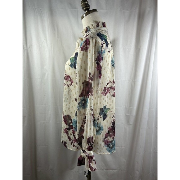 Soft Surroundings Floral Metallic Blouse Tie Neck Bell Sleeve Size S Multicolor - Picture 3 of 9